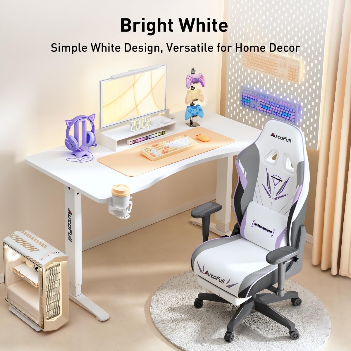 AutoFull Electric Standing Computer Gaming Desk With Splice Board-White